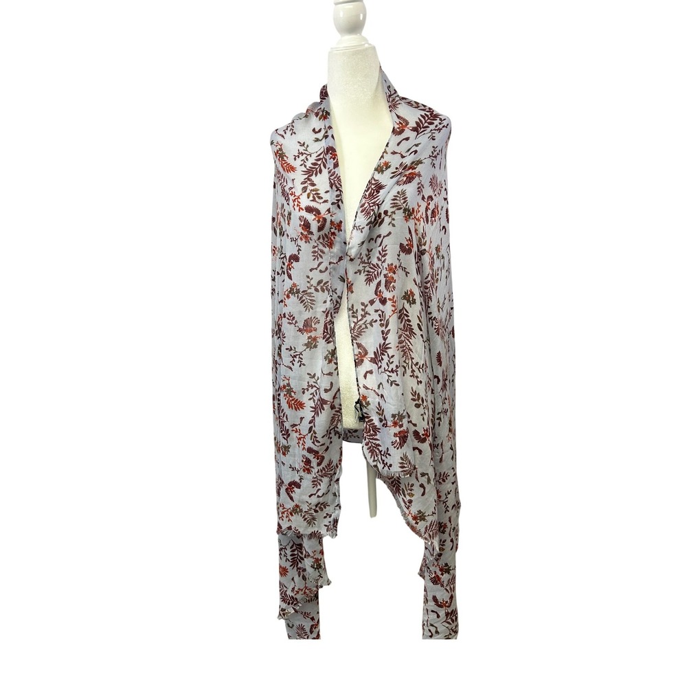Botanical Bass Scarf Women OS Light Blue Burgundy Floral Leaf Print‎ Fringe Wrap